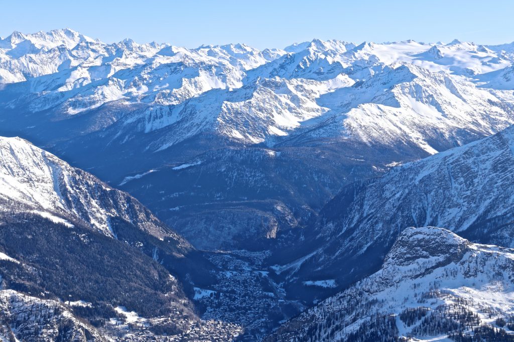 The Italian town Courmayeur seen from Pointe Helbronner (3.462 moh).