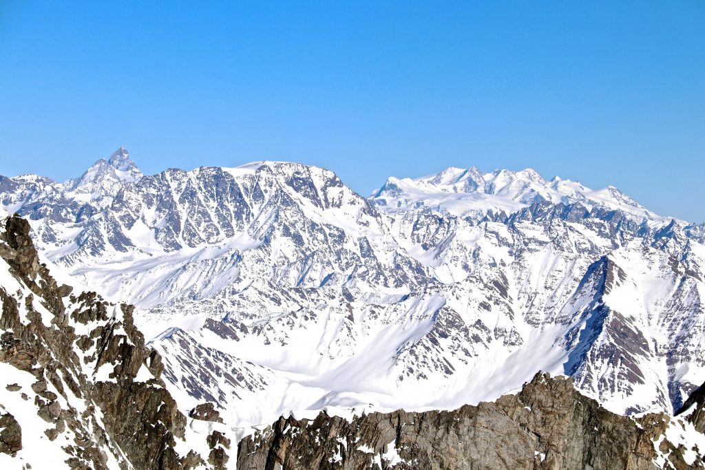 Utsikt fra Pointe Helbronner mot Matterhorn og Monte Rosa.